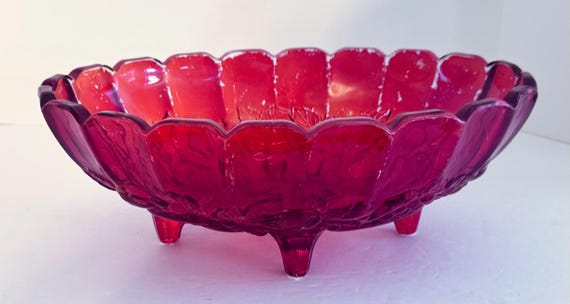 Indiana Glass Garland Pattern Oval Bowl Footed Centerpiece Red