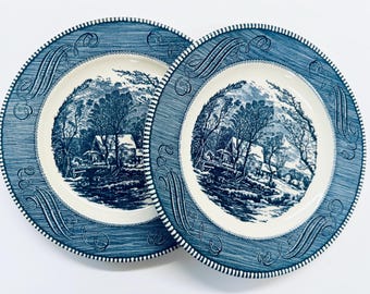 Platos llanos azules Currier and Ives The Old Grist Mill de 25 cm (10 pulgadas), estilo vintage, fabricados en EE. UU.