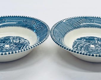 Currier and Ives Blue The Old Farm Gate Fruit Dessert Sauce Bowls Royal 5 5/8 Inches