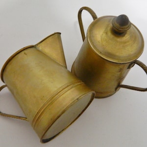 Vintage Tin Gold Tone Metal Taller Creamer and Covered Sugar Slight Scroll Etch