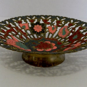 Solid Brass Hand Painted Footed Bowl With Cut Outs and Scalloped Edge From India