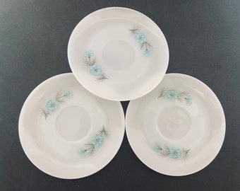 Fire King Bonnie Blue Flower Carnation Three Saucers White Milk Glass