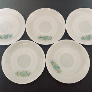 Fire King Blue Orange Flowers Lot of Five Saucers Milk Glass Anchor Hocking