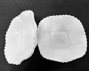 Hazel Atlas Milk Glass Diamond Pattern Ruffled Bowls Ruffled Saw Tooth Edge Lot of Two