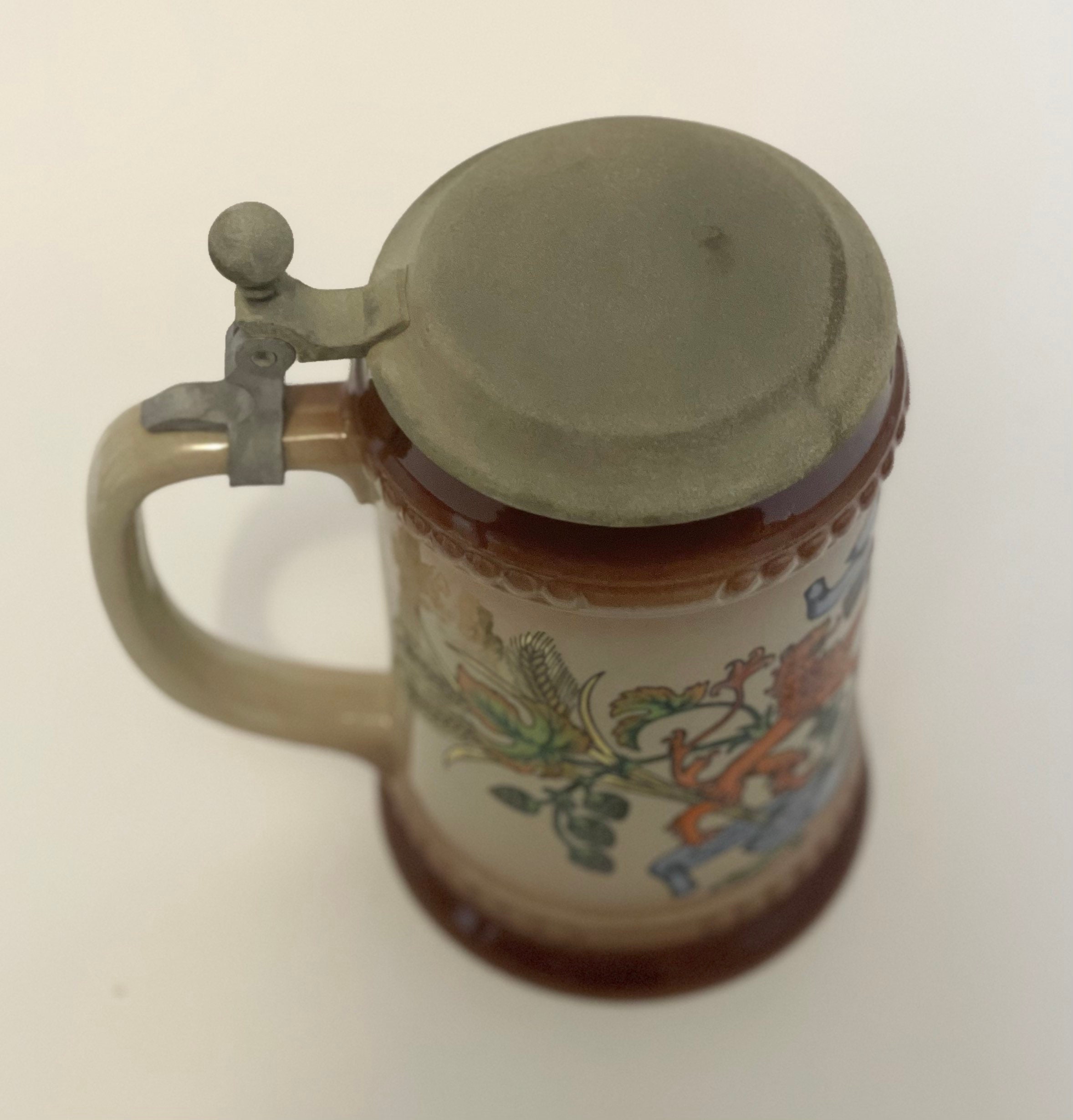 93% Hanssen Zinn West Germany Ceramic Beer Stein Pewter Lid Lions