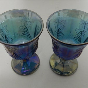 Indiana Carnival Glass Blue Iridescent Harvest Grape Goblet Wine Glass Lot of 2