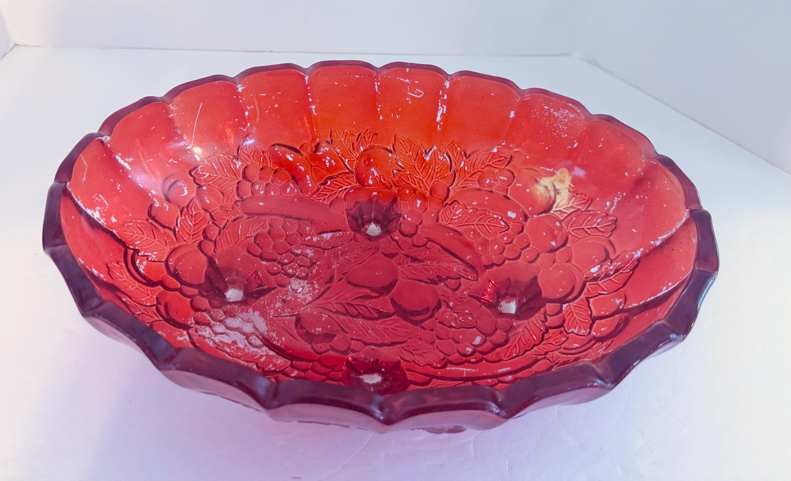 Indiana Glass Garland Pattern Oval Bowl Footed Centerpiece Red
