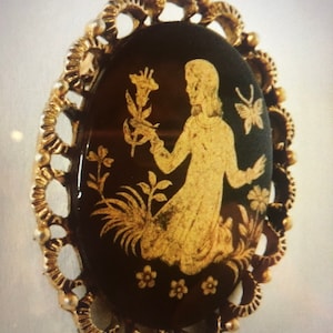 Damascene Gold Girl Butterflies and Flowers on Flat Black Enamel Background Brooch Pin