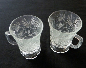 Tiara Glass Ponderosa Pine Footed Handled Mugs Textured Pinecone Lot of Two