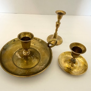 Three Brass Candle Sticks Candle Holders Japan Wedding Decor Aged Patina
