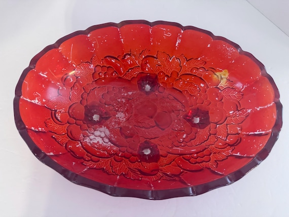 Indiana Glass Garland Pattern Oval Bowl Footed Centerpiece Red