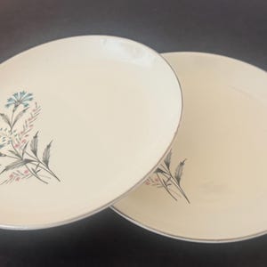 May include: Two off-white round plates with a silver-toned rim. Each plate features a floral illustration of blue cornflowers with green leaves and small pink accents positioned on the left side of the surface, creating a matching set of dinnerware.