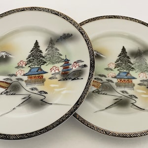 Ritz China Hand Painted Two Salad Plates Asian Theme Scene Gold Trim