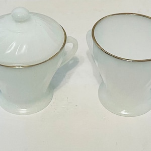 Anchor Hocking Fire King Milk Glass Golden Shell Sugar Bowl & Creamer Gold Trim