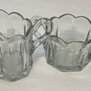 Heavy Glass Etched Floral Design Paneled Scalloped Edge Open Sugar & Creamer