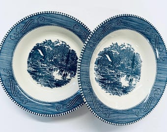Currier and Ives Blue Royal China Rim Soup Bowls Early Winter Pattern Lot of Two