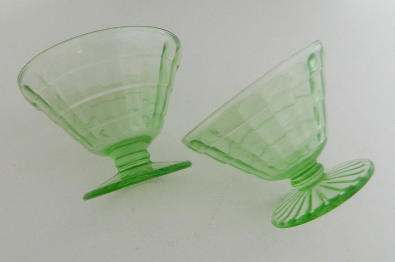 Block Optic Sherbets Green Depression Glass Cone Shaped Dessert Dishes Two AH