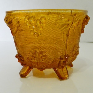 Jeannette Glass Amber Candy Dish 1950&#39;s Grape Leaf Pattern Footed Bowl VTG No Lid