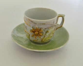 Sentiment Cup and Saucer Gold Paint Made in Germany A Present in Gold