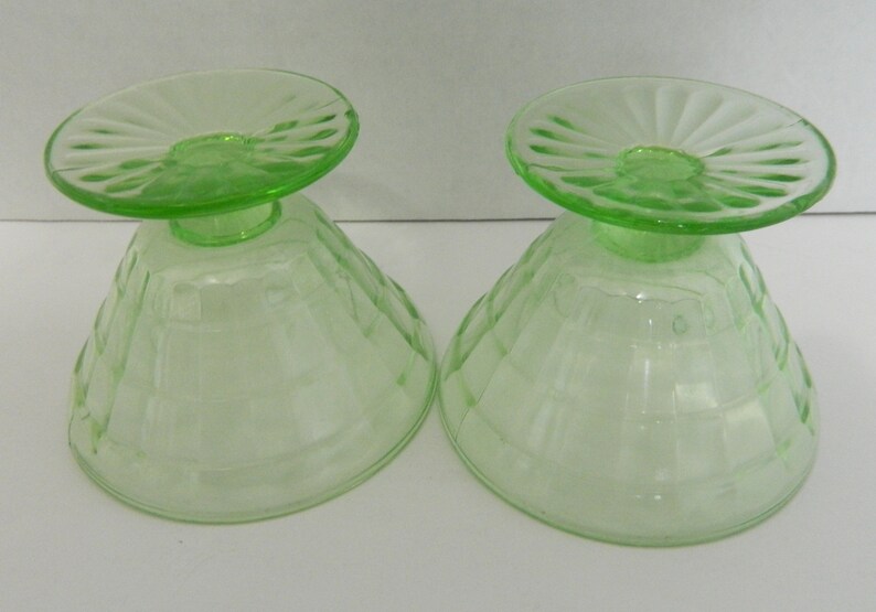 Block Optic Sherbets Green Depression Glass Cone Shaped Dessert Dishes Two AH