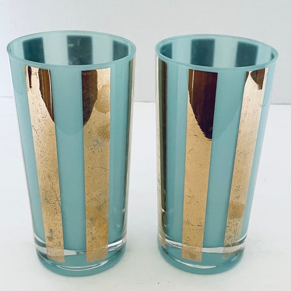 Blue Vintage Drinking Glasses Tumblers Gold Vertical Band Lot of Two MCM