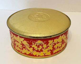 Guildcraft New York USA Gold & Red Tin Container Round Sewing Box Flowers Leaves