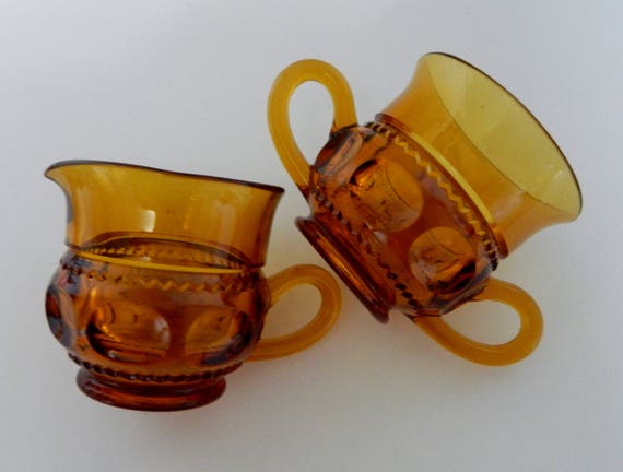 Vintage Kings Crown Thumb Print Amber Glass Dish with Handles Vintage Kings Crown Thumb Print Amber Glass Dish with Handles