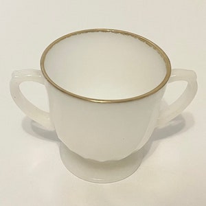 Fire King Milk Glass Open Sugar Bowl Gold Trim Golden Anniversary Anchor Hocking White Swirl