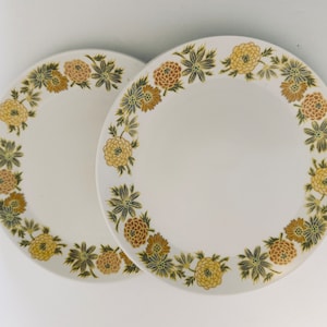 May include: Two white ceramic plates with a floral design. The plates have a border of yellow, brown, and green flowers and leaves. The plates are round and have a simple, elegant design.