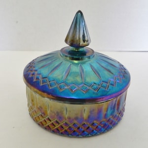 Indiana Carnival Glass Iridescent Blue Princess Candy Box with Lid #2882