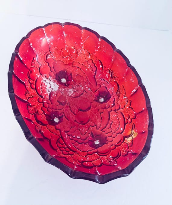 Indiana Glass Garland Pattern Oval Bowl Footed Centerpiece Red