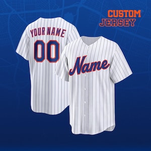 May include: A white baseball jersey with thin vertical black pinstripes, featuring the text Name in orange with blue outlines on the front, and the text Your Name and the number 00 on the back. The text CUSTOM JERSEY is visible in the corner.
