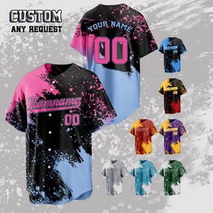 May include: Custom baseball jerseys with a black, pink, and light blue design. The jerseys feature the text "Teamname" and "Your Name" with the number "00". The image also shows various color options.