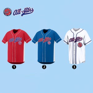 May include: Three baseball jerseys in red, blue, and white. Each jersey has a button-up front, short sleeves, and the words "All-Stars" in script across the chest. A team logo is on the left chest. The jerseys are numbered 1, 2, and 3.