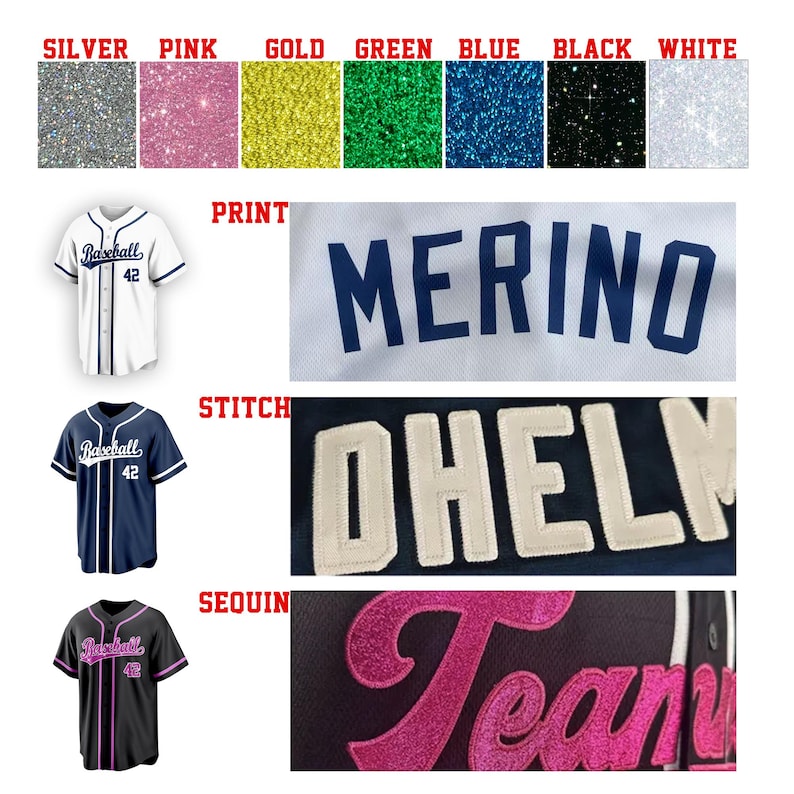 Pode incluir: Uma cole&ccedil;&atilde;o de camisas de beisebol com v&aacute;rias op&ccedil;&otilde;es de personaliza&ccedil;&atilde;o, incluindo estampa, costura e lantejoulas. A imagem exibe amostras de cores em prata, rosa, ouro, verde, azul, preto e branco, juntamente com exemplos de camisas.