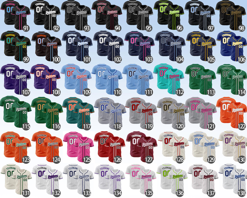 Pode incluir: Uma cole&ccedil;&atilde;o de camisas de beisebol em v&aacute;rias cores, cada uma com frente abotoada, mangas curtas e o texto YOURNAME com o n&uacute;mero 00 nas costas. Cada camisa &eacute; numerada de 91 a 138, exibindo diversas combina&ccedil;&otilde;es de cores.