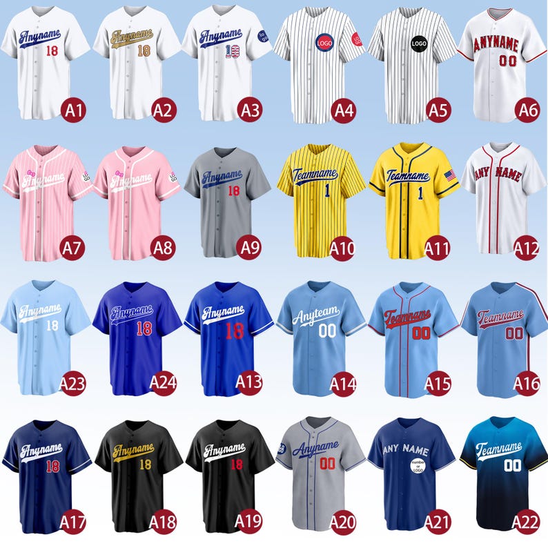 Pode incluir: Uma cole&ccedil;&atilde;o de vinte e quatro camisas de beisebol de manga curta com bot&otilde;es em v&aacute;rias cores, incluindo branco, rosa, cinza, amarelo, azul e preto. Cada camisa apresenta campos de texto personaliz&aacute;veis como Anyname ou Teamname e n&uacute;meros.