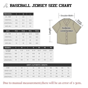 May include: Baseball jersey size chart with measurements for preschool, boys, women's, and men's authentic jerseys. Includes chest, length, and hip measurements in inches. A tan baseball jersey graphic is also shown with the text "Exclusive customization".