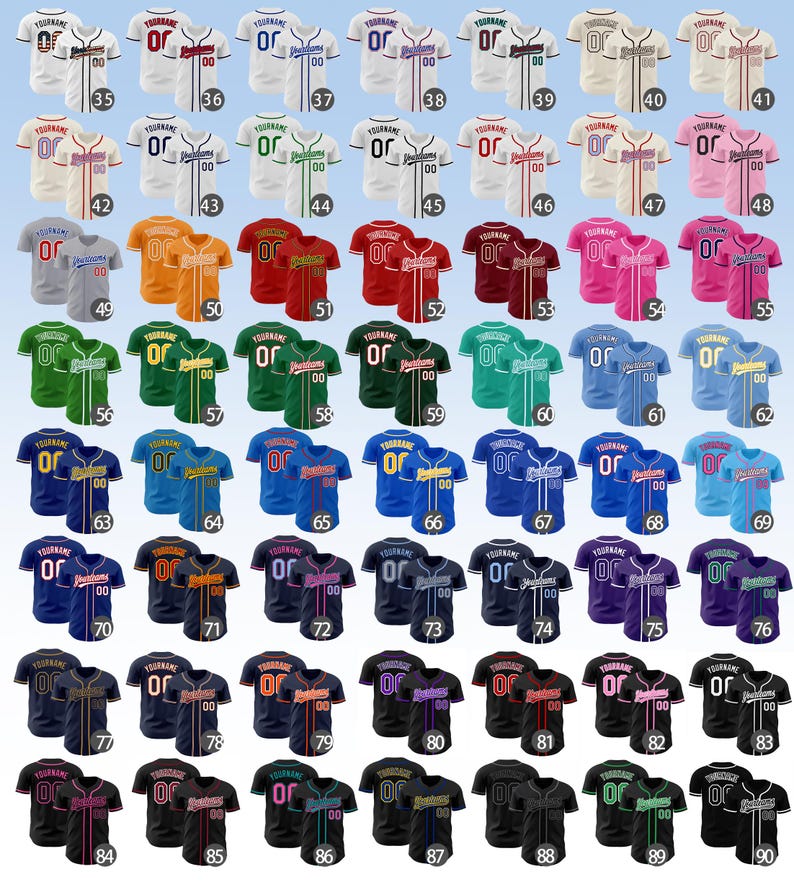 Pode incluir: Uma cole&ccedil;&atilde;o de camisas de beisebol de manga curta com bot&otilde;es em v&aacute;rias combina&ccedil;&otilde;es de cores, cada uma com o texto YOURNAME e o n&uacute;mero 00 nas costas, numeradas de 35 a 90 em uma grade para sele&ccedil;&atilde;o de vestu&aacute;rio de equipe personalizado.