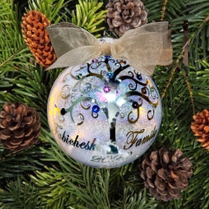 Personalized Glass Family Tree Christmas Ornament with Genuine Swarovski Crystals