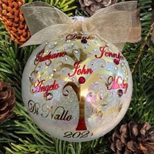 Personalized Glass Family Tree Christmas Ornament with Genuine Swarovski Crystals