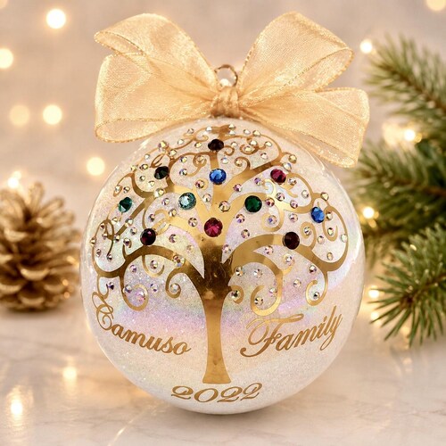 Personalized Glass Family Tree Christmas Ornament with Genuine Swarovski Crystals