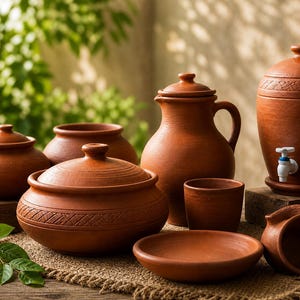 May include: A collection of terracotta kitchenware including a large lidded pot with etched geometric patterns, a pitcher with a lid, a water dispenser with a white plastic spigot, several smaller lidded bowls, a shallow plate, and a small cup.