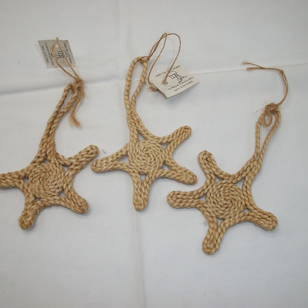 Vintage Set of 3 Bangladesh Star Christmas Tree Ornaments 100% Jute Fibre Handmade Braided