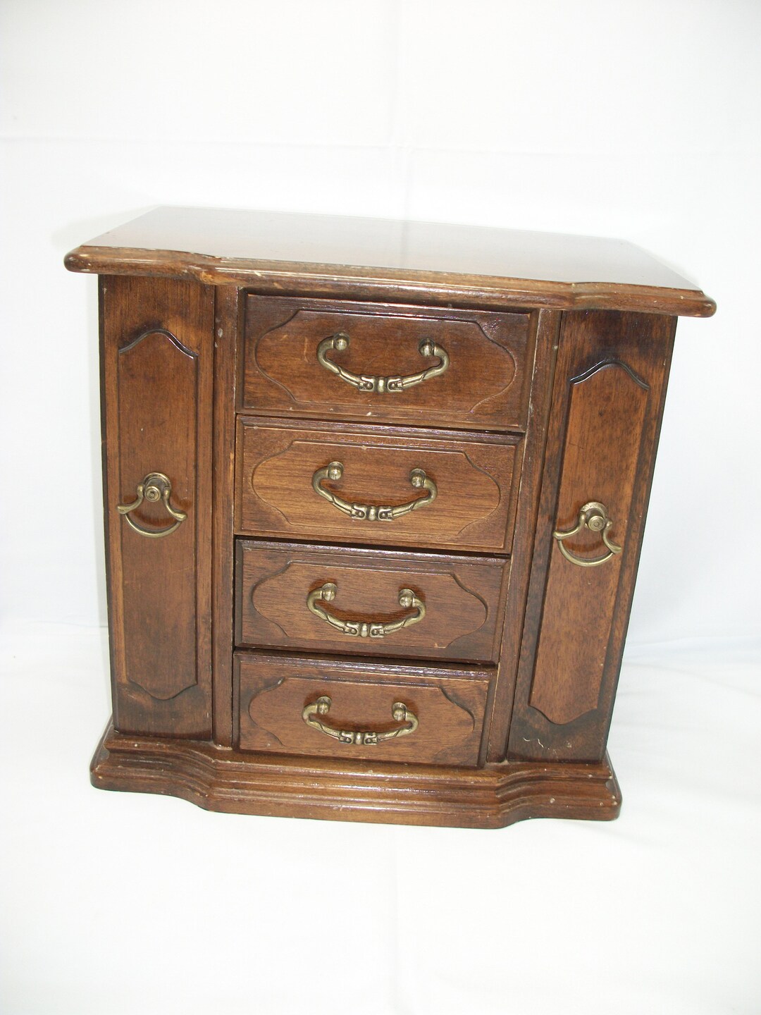 Vintage Wood 4 Drawers 2 Swing Out Doors Plastic Musical Jewelry Box