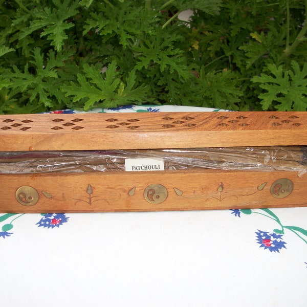 Vintage Wood and Brass Inlay Incense Holder Box with Incense Crafted in India Hidden Storage