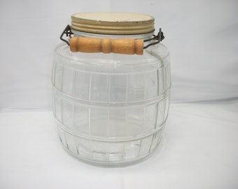 Vintage Clear Glass Metal Top Pickle Barrel Jar with Wire and Wood Handle Grip