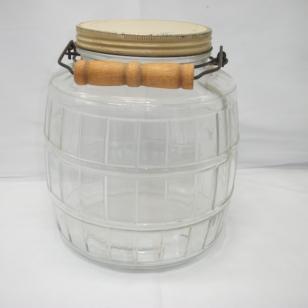 Vintage Clear Glass Metal Top Pickle Barrel Jar with Wire and Wood Handle Grip