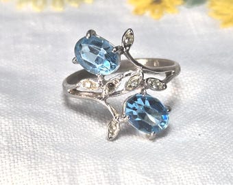 Vintage Marked SU Blue Oval Stones Clear Stones Ring Size 7 1/2