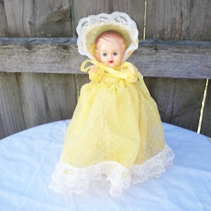 Vintage Girl Doll: 8&quot; Celluloid/Plastic Body, Yellow Dress, Hong Kong